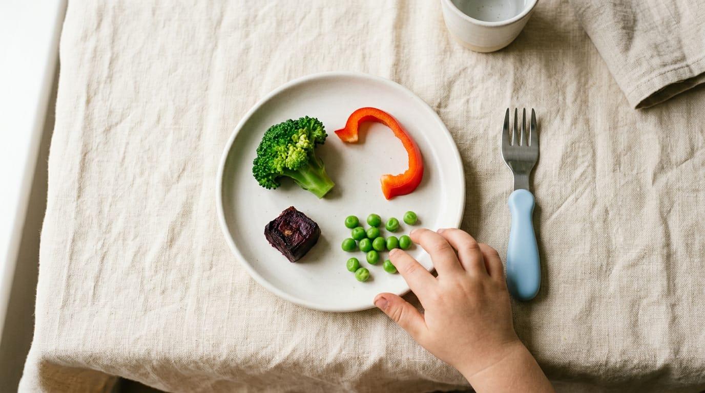 Kinderteller mit kleinen Probierportionen: Brokkoli, Peperoni, Randen und Erbsen.