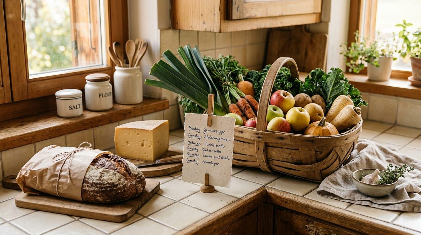 Marktkorb mit Lauch, Karotten, Äpfeln, Brot und Käse neben einem Wochenplan auf Papier.
