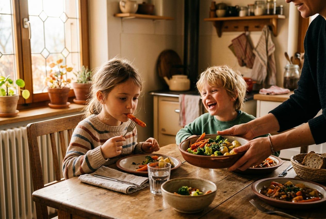 Familie am Küchentisch: Ein Mädchen probiert eine Karotte, ihr Bruder lacht.