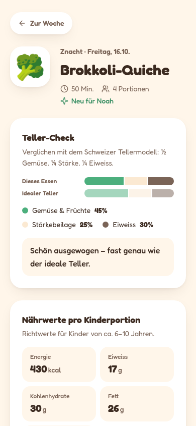 Rezeptansicht der Brokkoli-Quiche mit Teller-Check und Nährwerten pro Kinderportion.